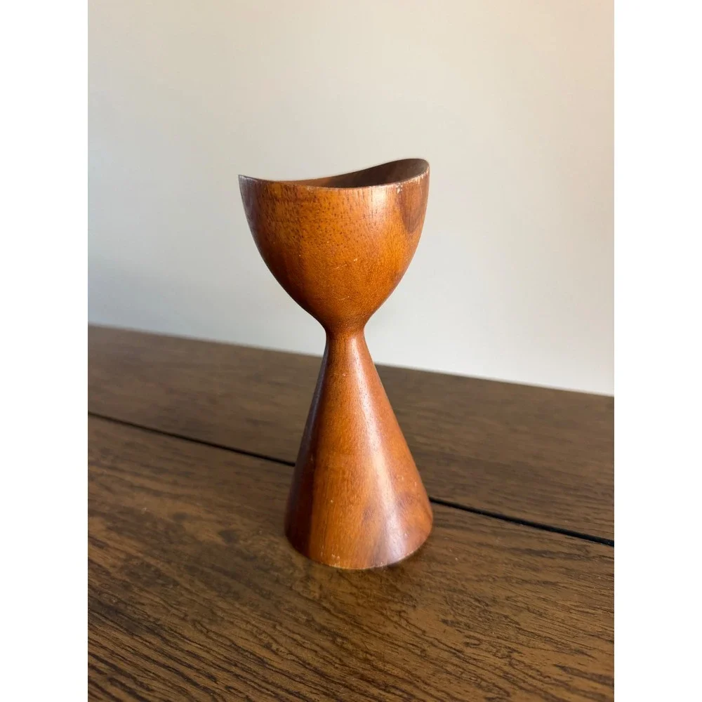 Vintage Teak Wood Candle Holder 6in Brown Good MCM Hourglass Danish